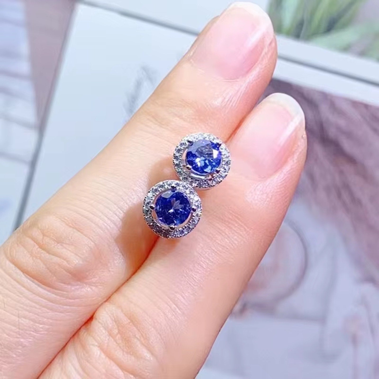 VVS Grade Round Purple Tanzanite Stud Earrings, Natural Tanzanite Earrings 925