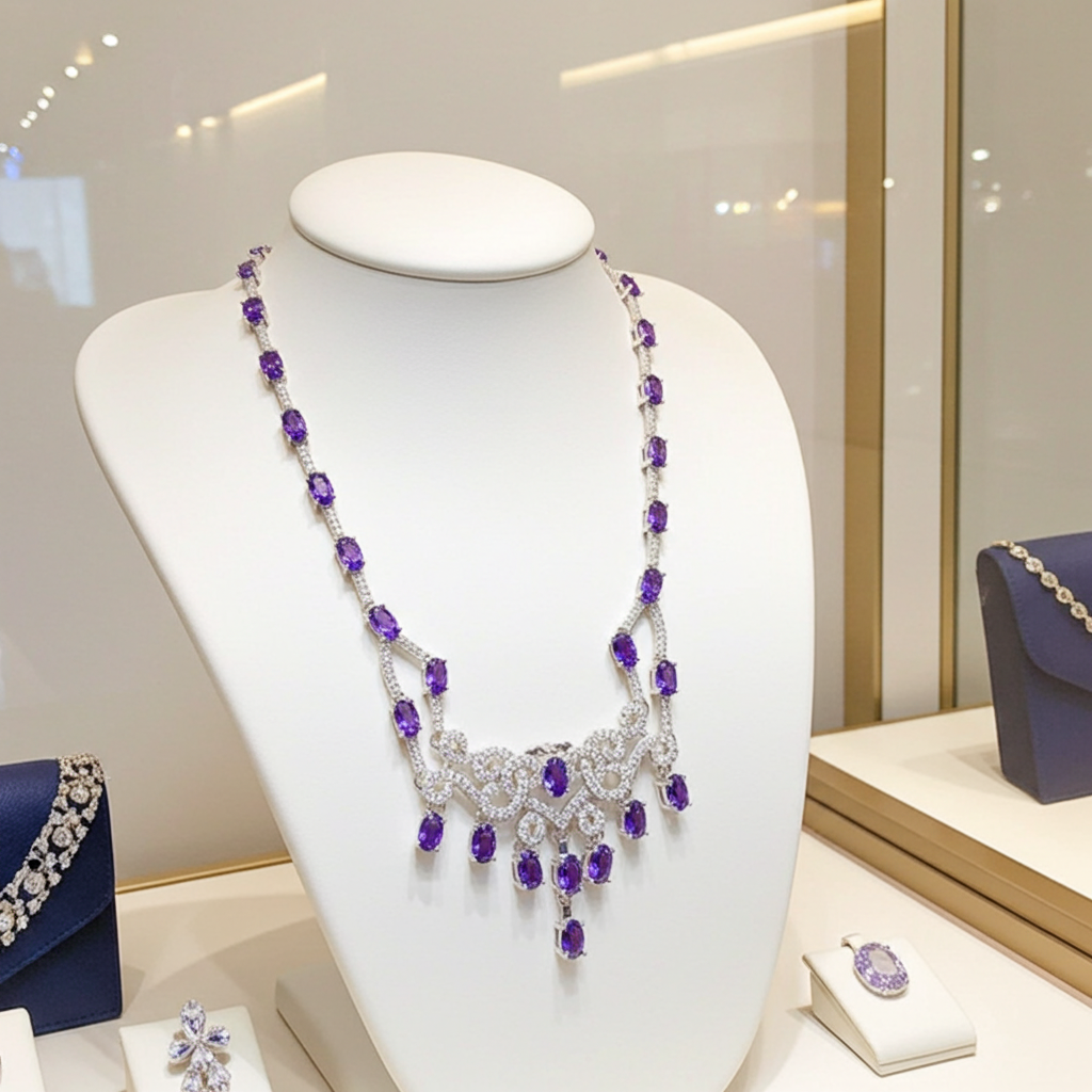 Purple Amethyst Statement Necklace, Natural Amethyst Gemstone Necklace 925