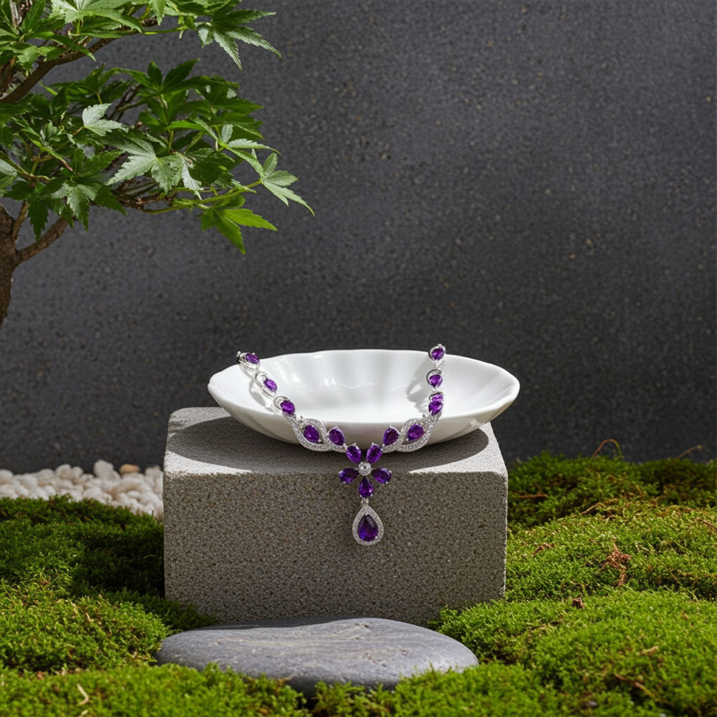 Amethyst Flower Drop Necklace 925 Sterling Silver