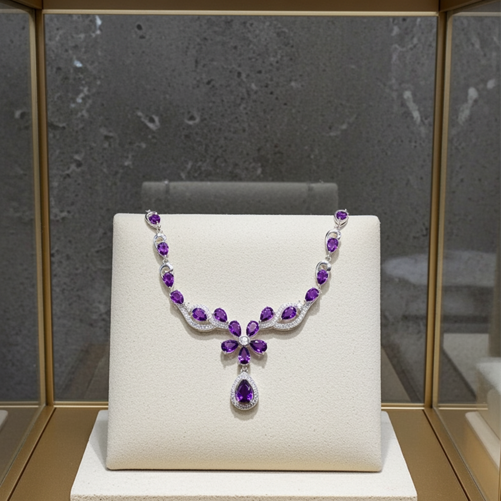 Amethyst Flower Drop Necklace 925 Sterling Silver
