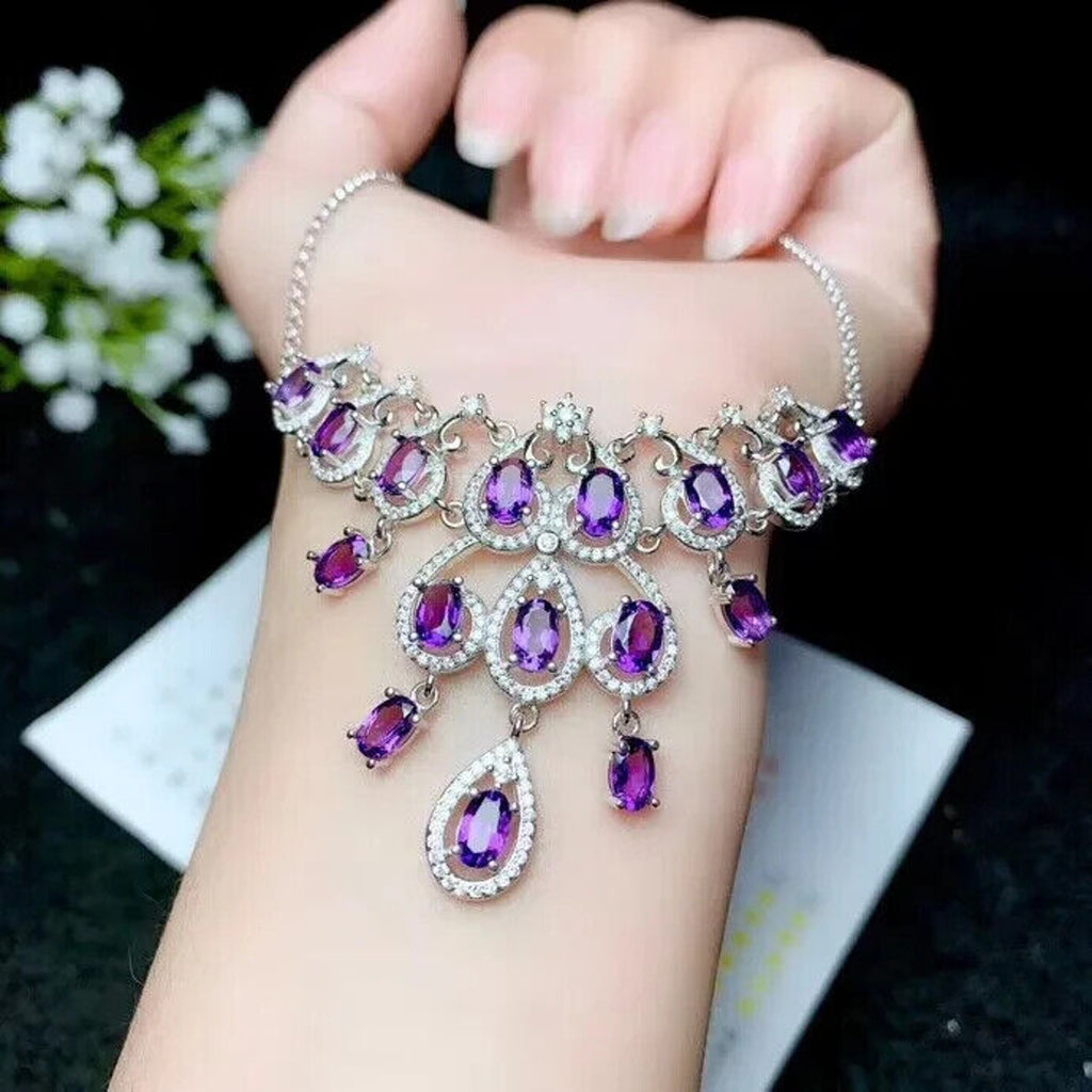 Amethyst Statement Necklace, Natural Amethyst Gemstone Necklace 925 Sterling