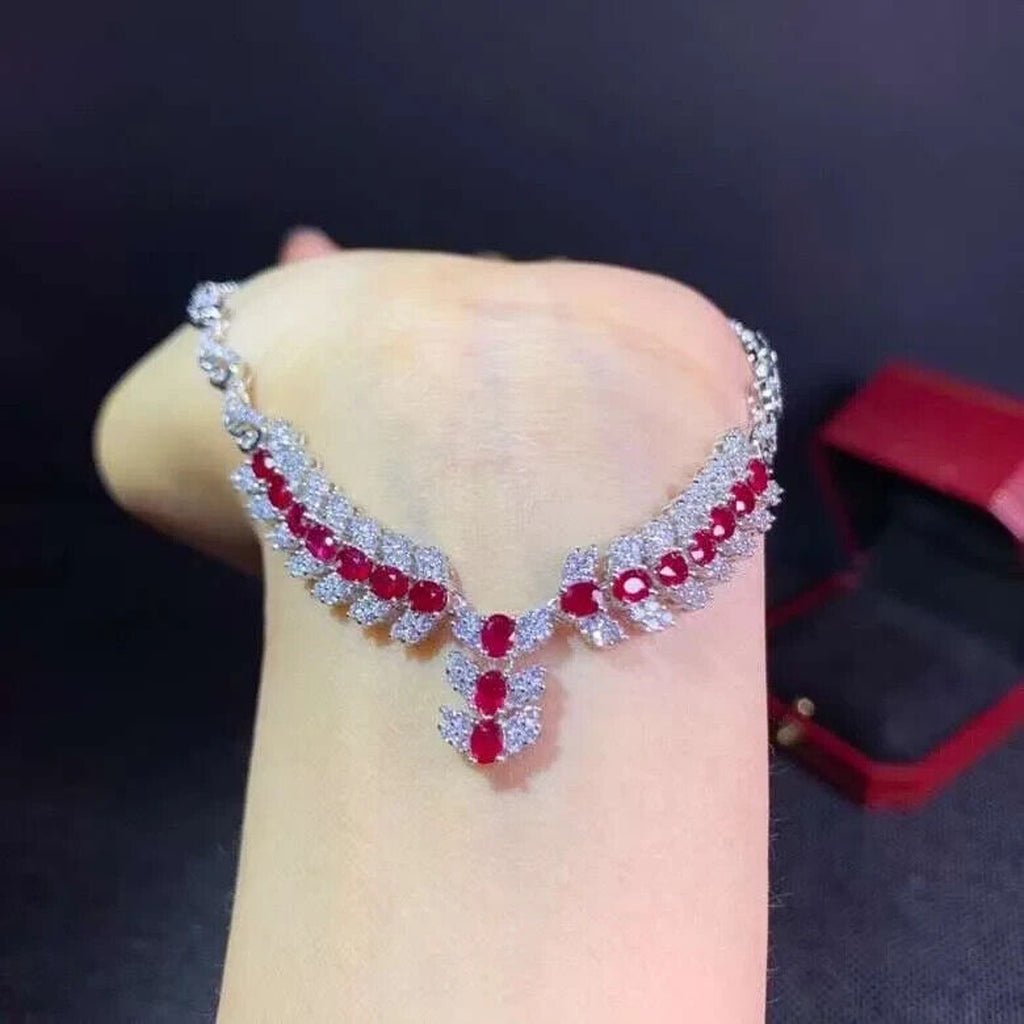 Natural Ruby Statement Necklace, Genuine Burma Ruby Necklace Sterling Silver