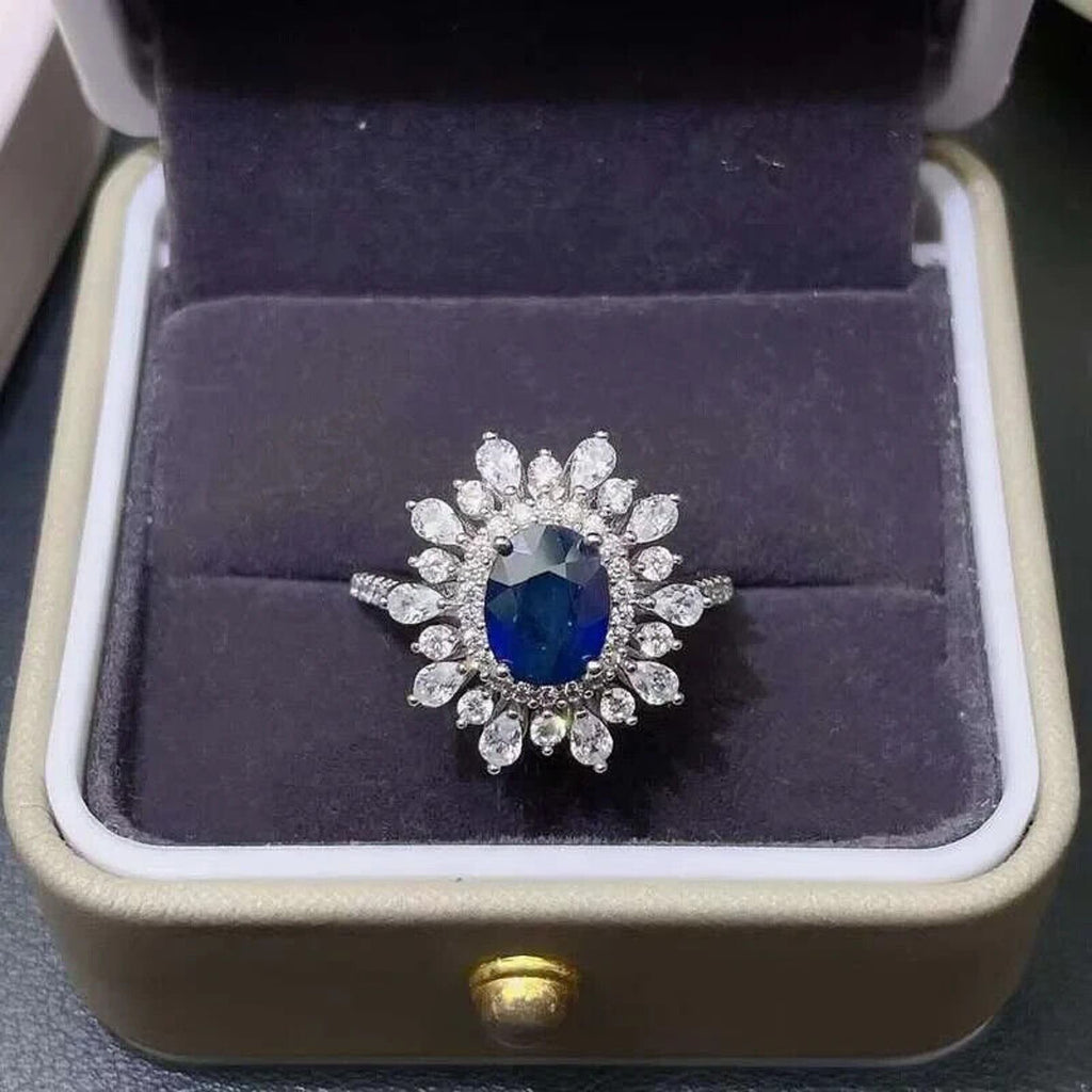 Natural Sapphire Gemstone Ring, Women's Sapphire Statement Ring Sterling Silver