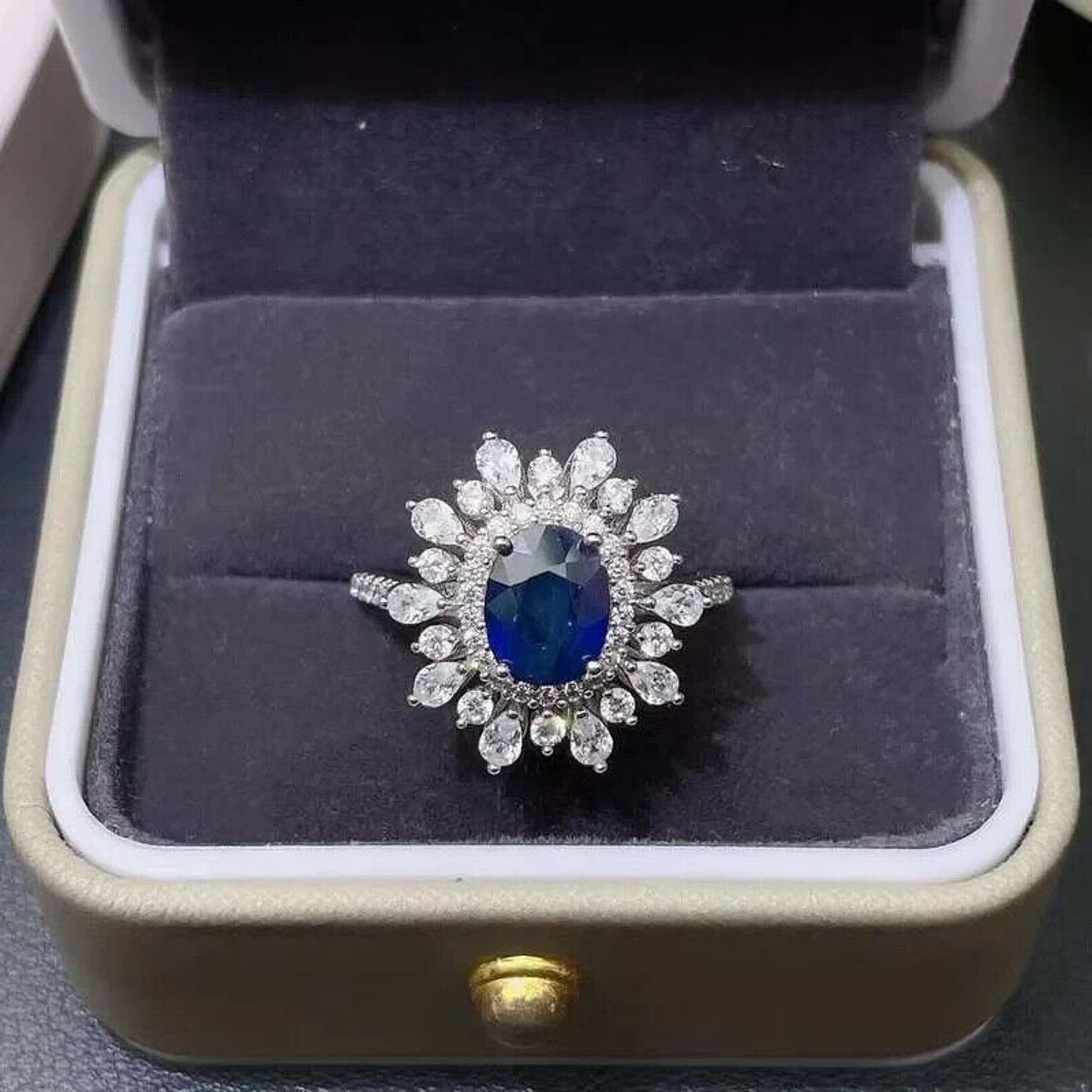 Natural Sapphire Gemstone Ring, Women's Sapphire Statement Ring Sterling Silver