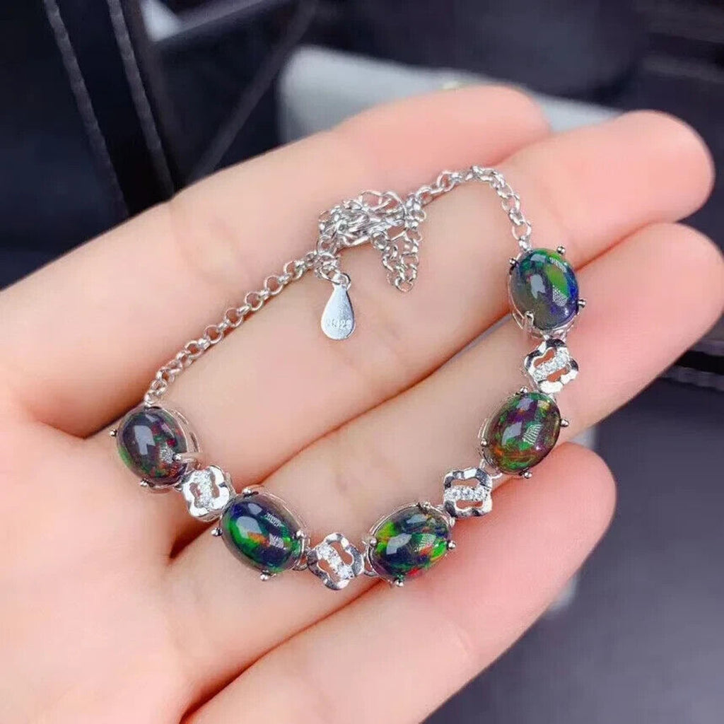 Black Fire Opal Bracelet 925 Sterling Silver, Black Opal Chain Bracelet 6x8mm