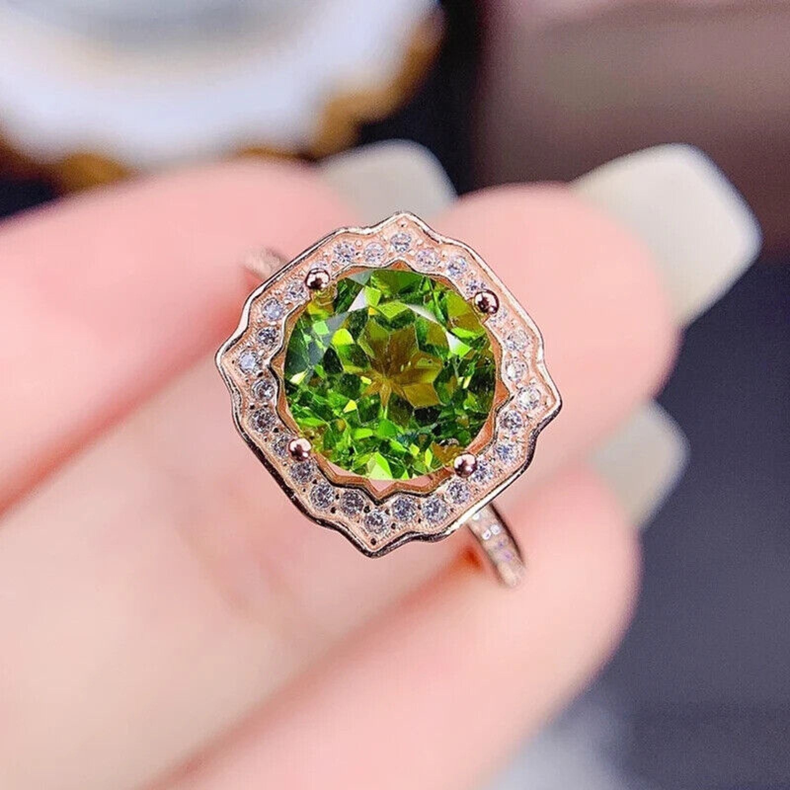Natural Peridot Gemstone Ring 9mm 3.5CT, August Birthstone Peridot Ring Sterling