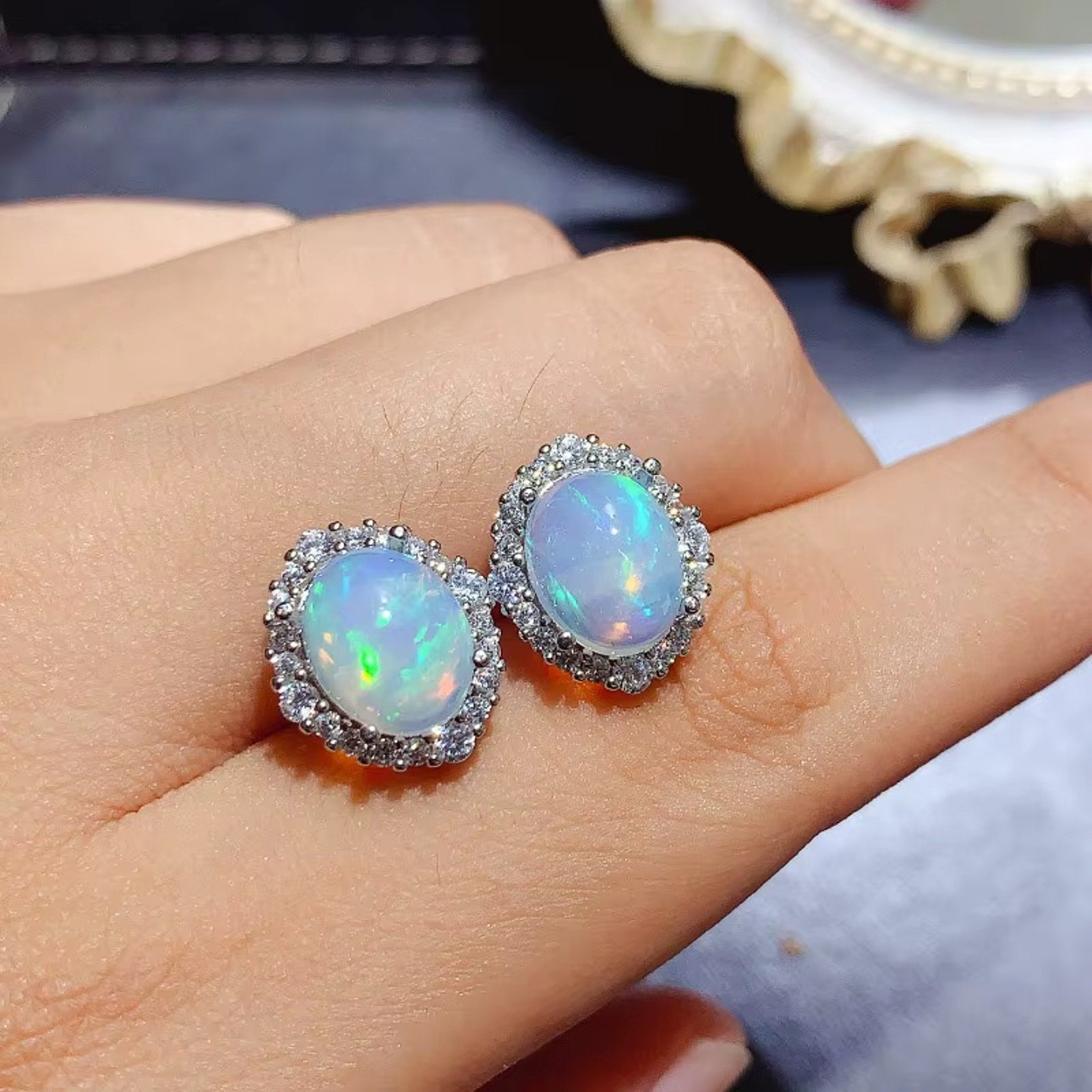 925 Sterling Silver Opal Stud Earrings For Women Fire Opal Earrings 925 Silver
