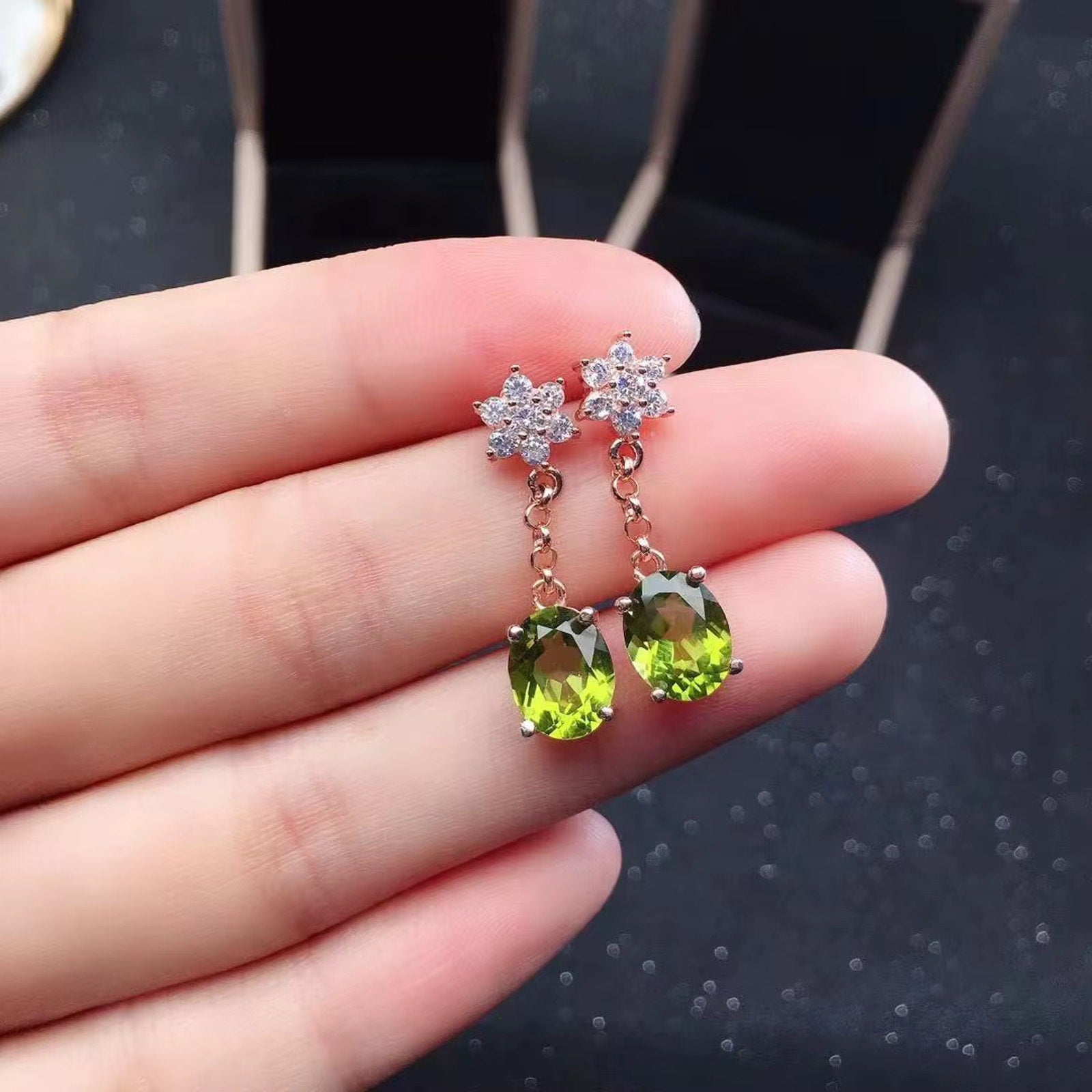 Natural Peridot Drop Dangle Earrings 925 Sterling Silver 6x8mm