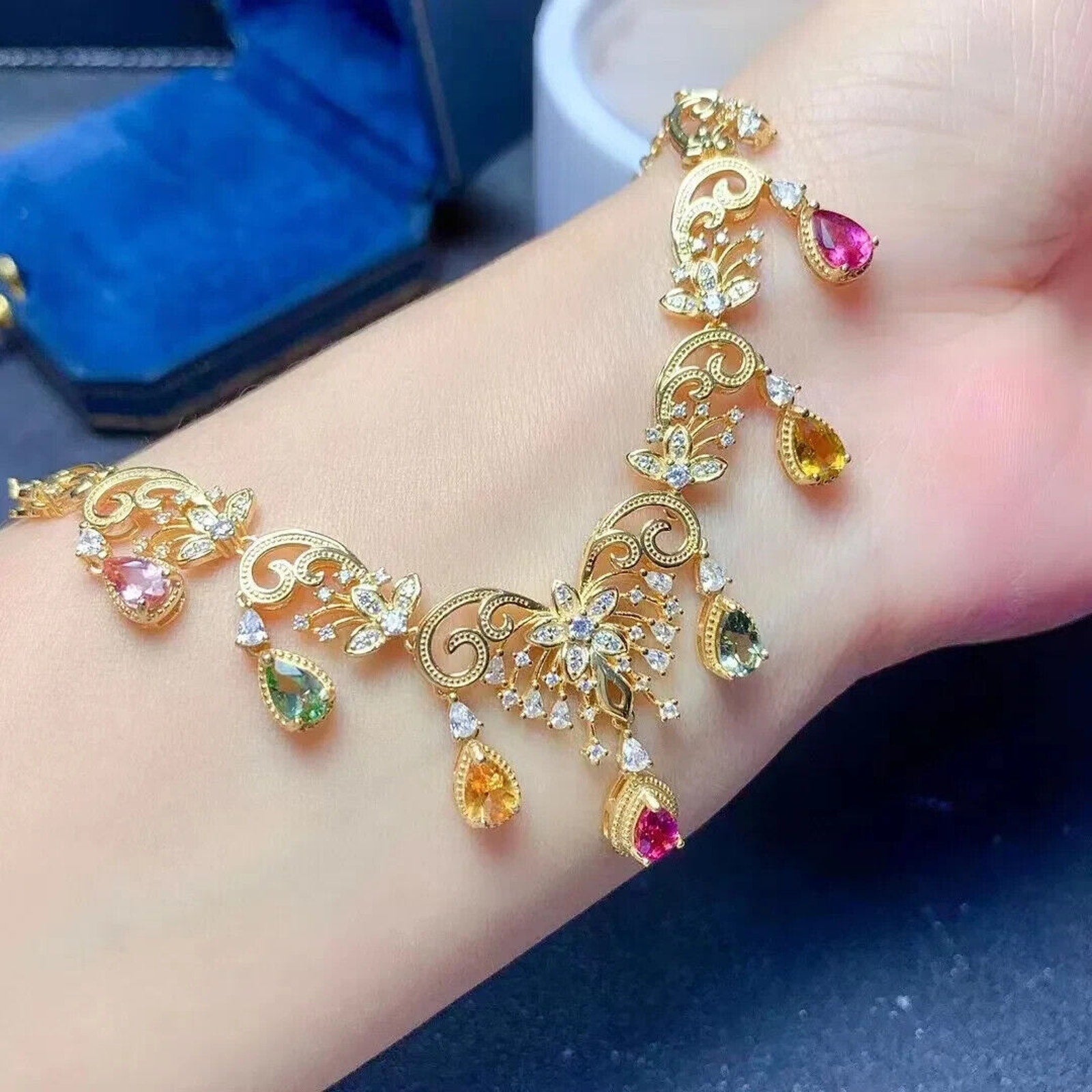 Natural Tourmaline Statement Necklace, Brazilian Tourmaline Necklace Sterling