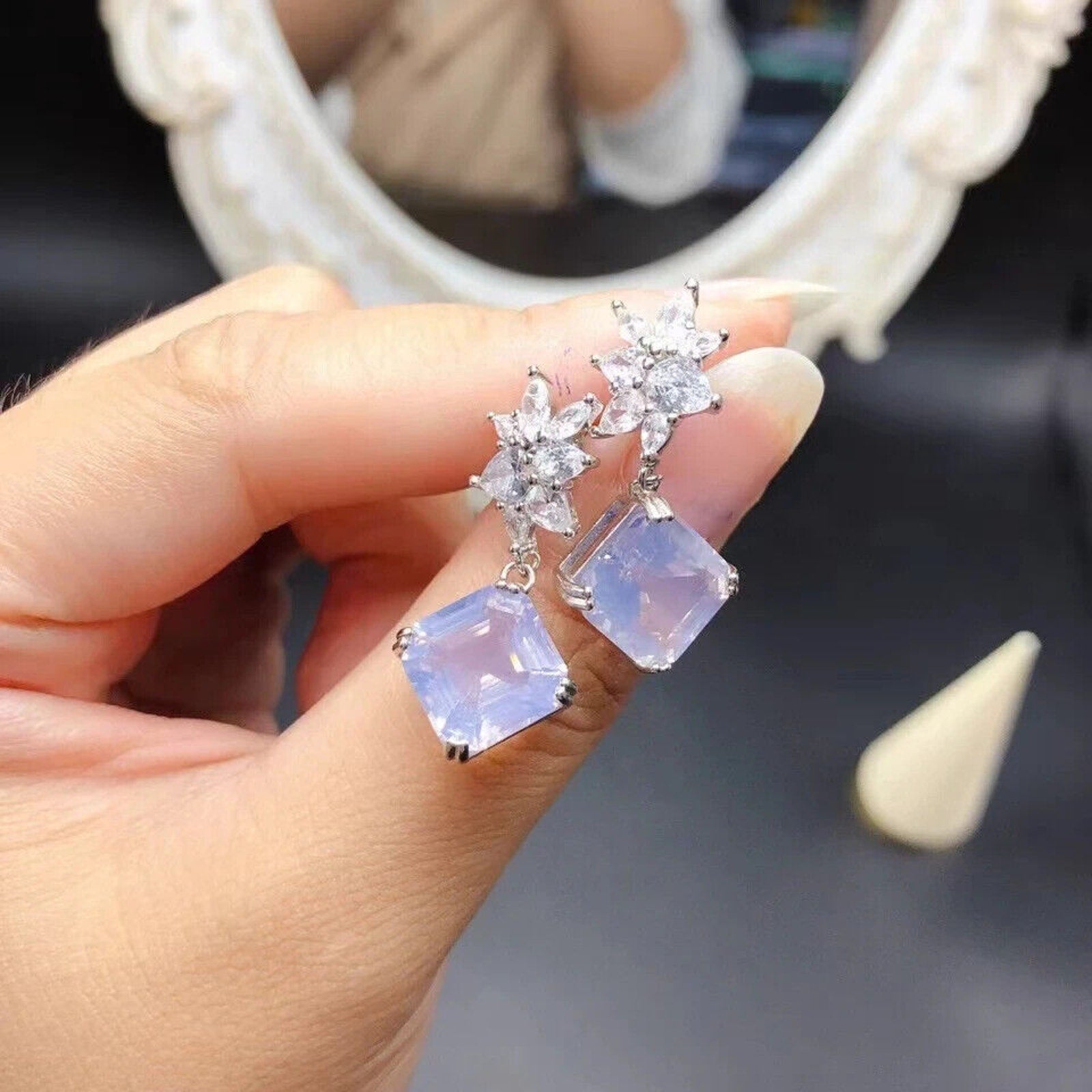 Lavender Amethyst Dangle Earrings 10mm Platinum Plated, Light Purple Amethyst