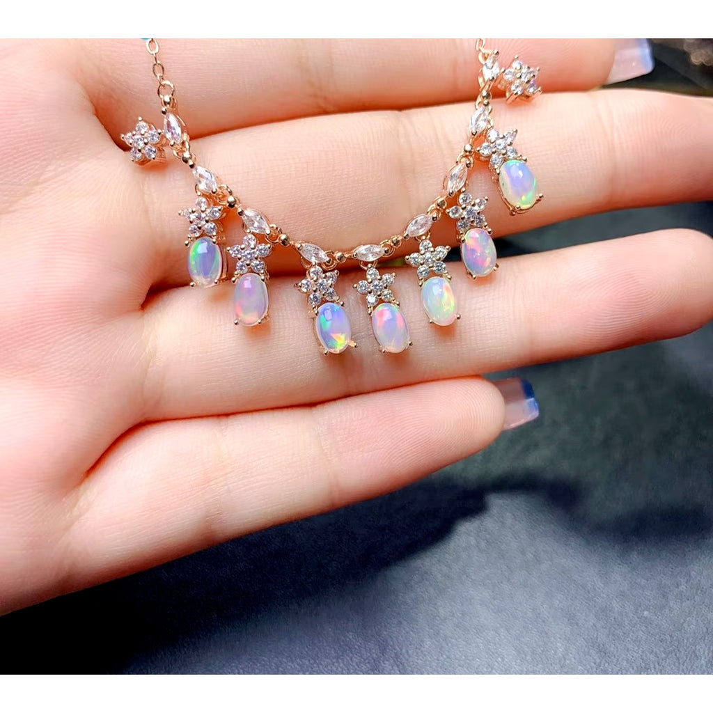 Fire Opal Charm Necklace, Natural Opal Statement Necklace 925 Sterling Silver