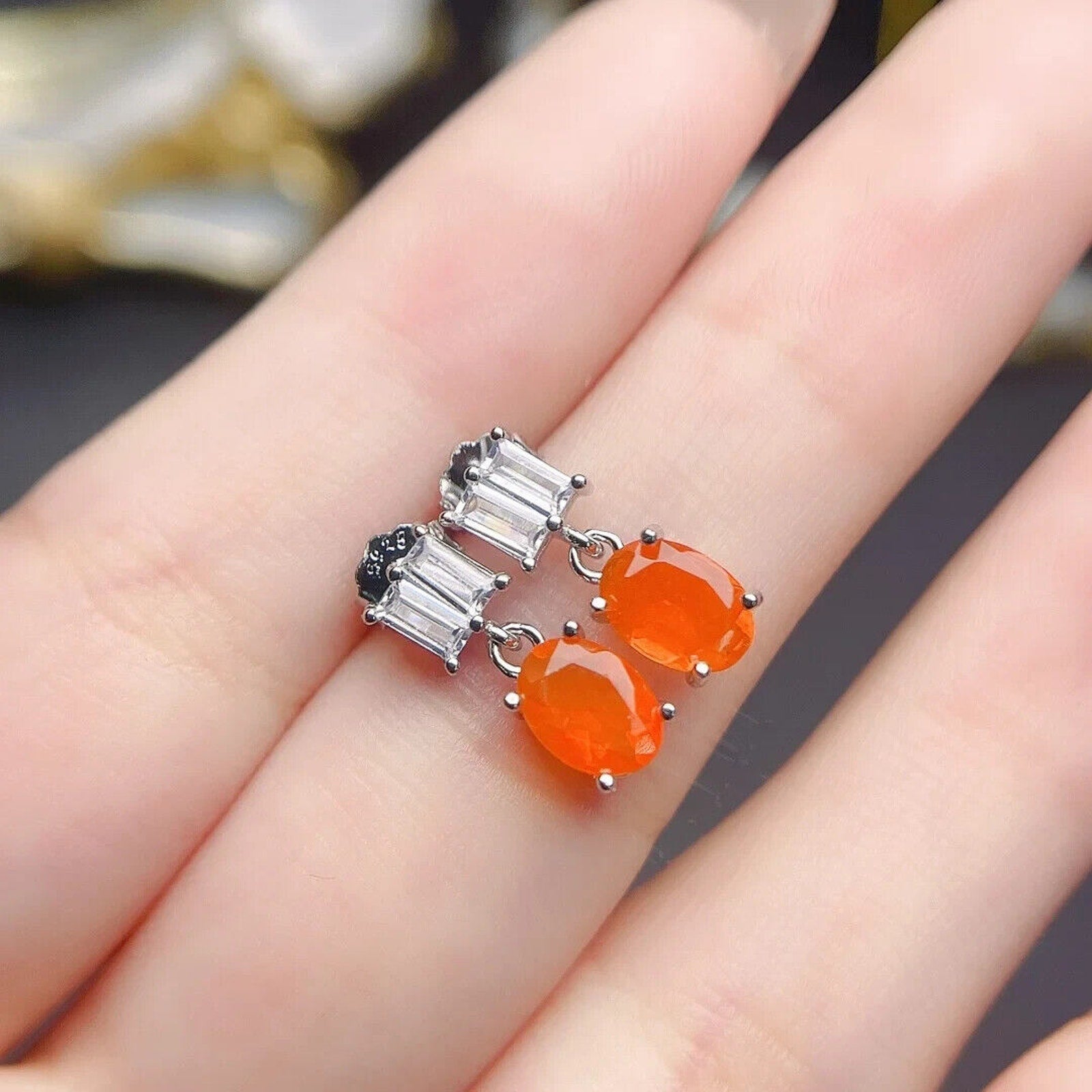 Orange Fire Opal Dangle Earrings 5x7mm, Natural Orange Fire Opal Earrings
