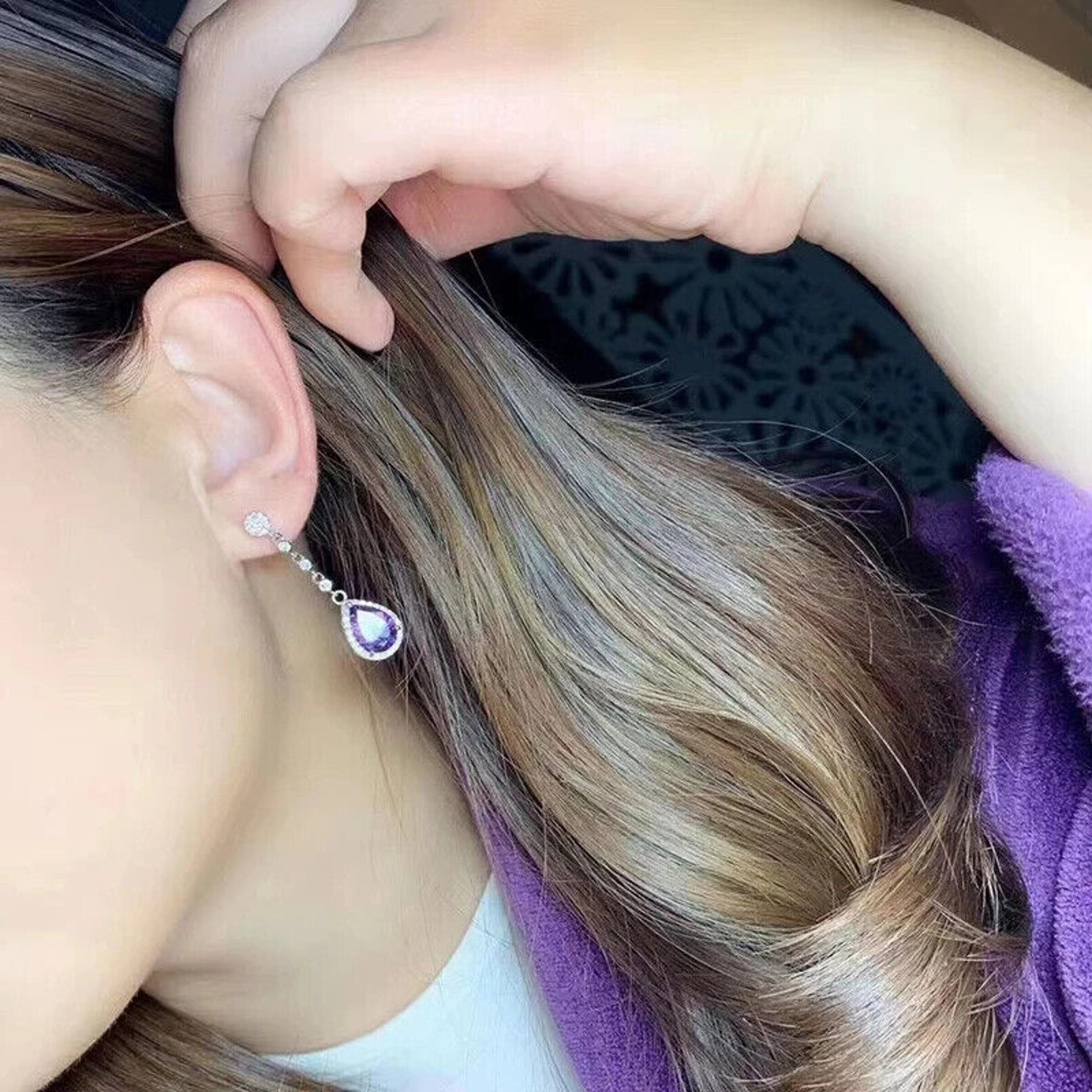 Amethyst Pear Cut Dangle Earrings 8x10mm Platinum Plated, Amethyst Earrings