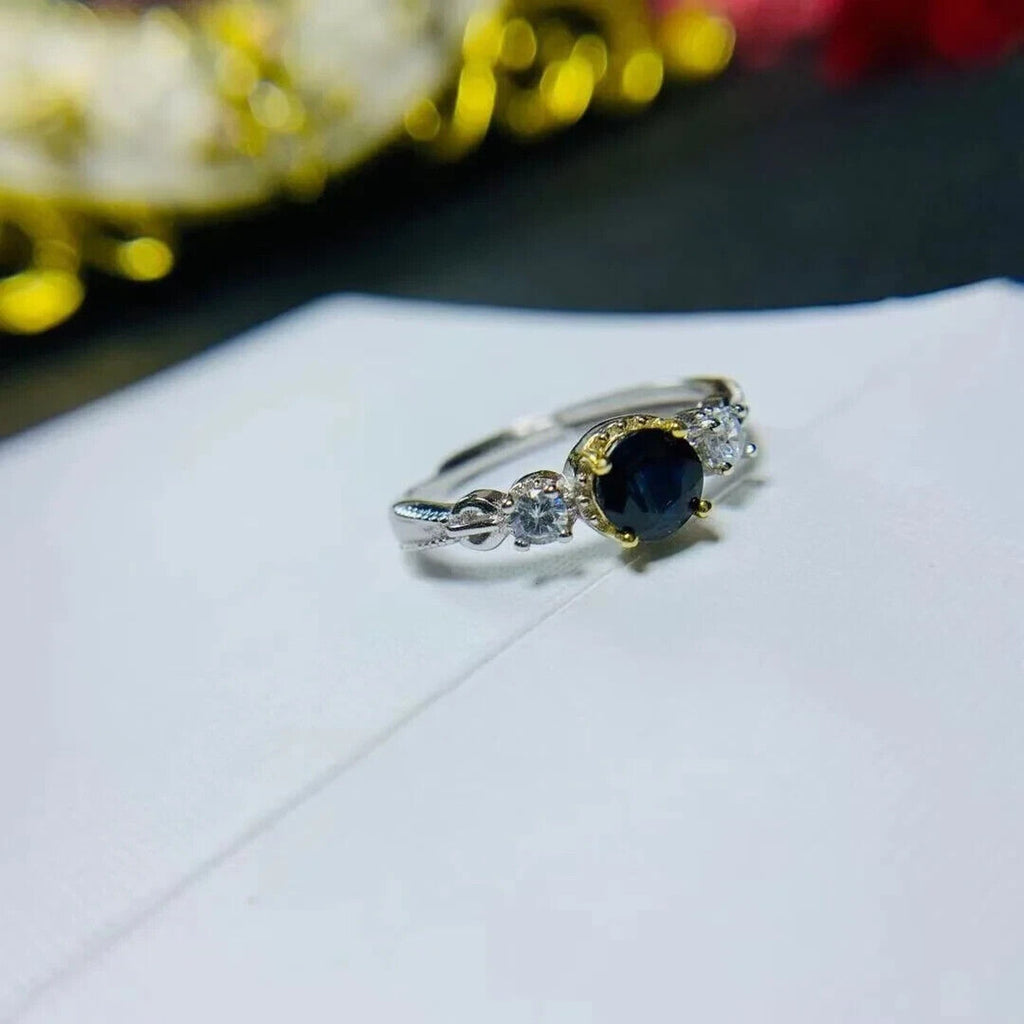 Natural Sapphire Cocktail Ring 6mm 925 Sterling Silver, Dark Blue Sapphire Ring