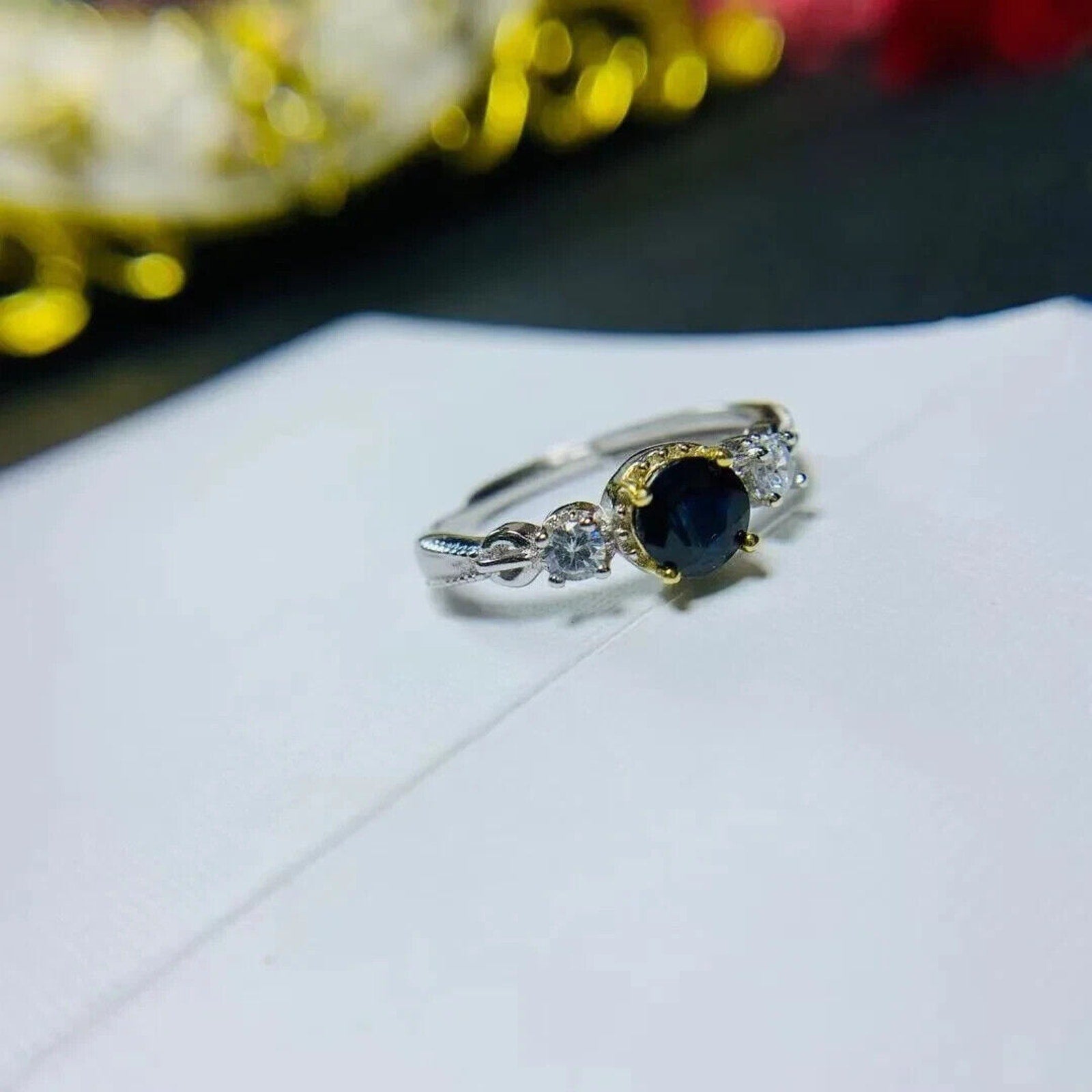 Natural Sapphire Cocktail Ring 6mm 925 Sterling Silver, Dark Blue Sapphire Ring