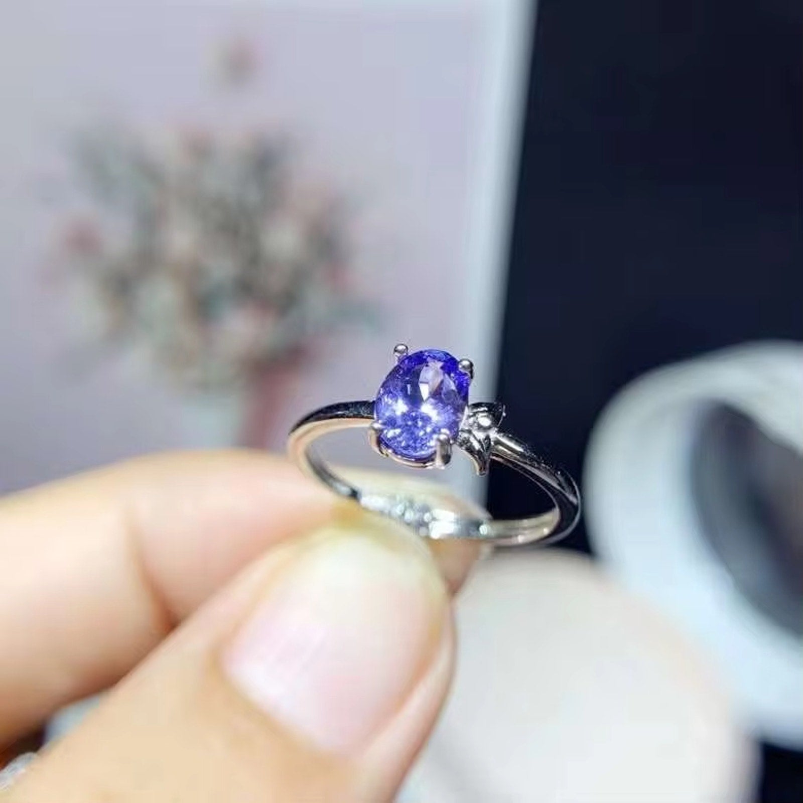 Purple Tanzanite Ring, Natural Tanzanite Ring Sterling Silver 5x7mm