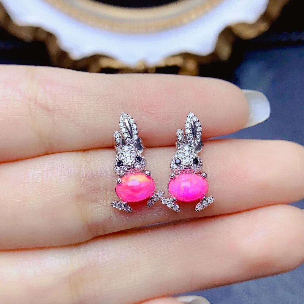 Pink Fire Opal Rabbit Earrings 5x7mm, Natural Pink Opal Earrings Sterling Silver