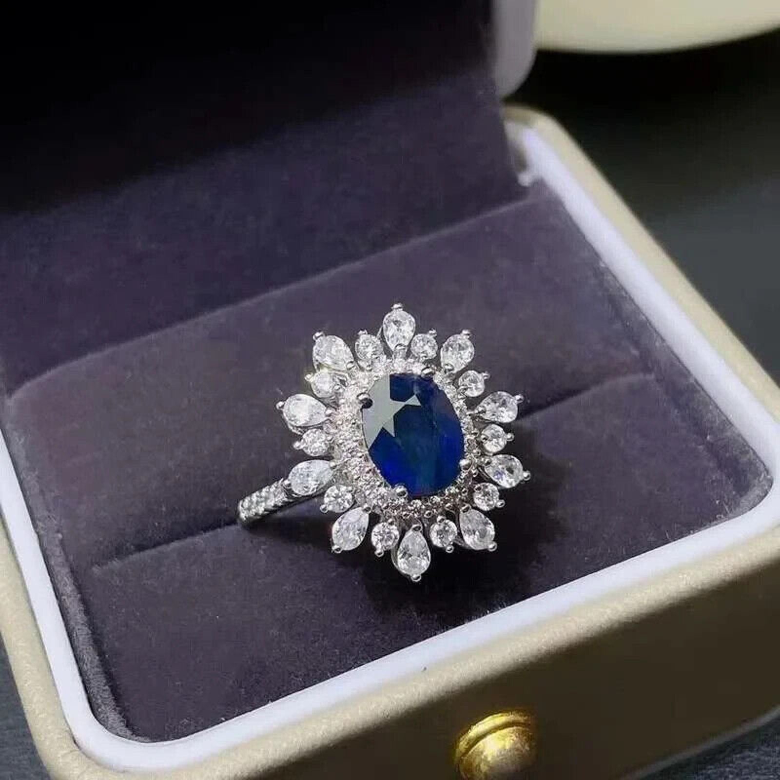 Natural Sapphire Gemstone Ring, Women's Sapphire Statement Ring Sterling Silver