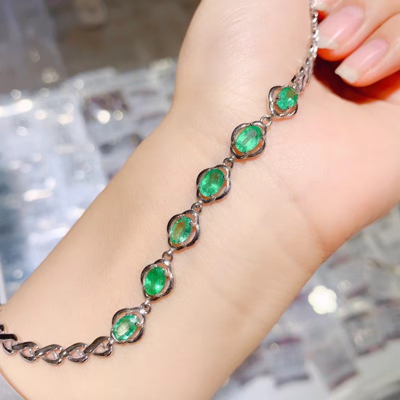 Emerald Bracelet Sterling Silver, Natural Emerald Bracelet, Green Emerald