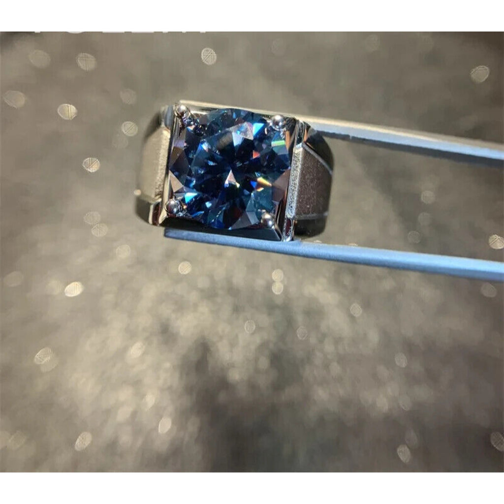 VVS1 5 CT Blue Moissanite Men's Ring, Men's Blue Moissanite Ring 11mm Sterling