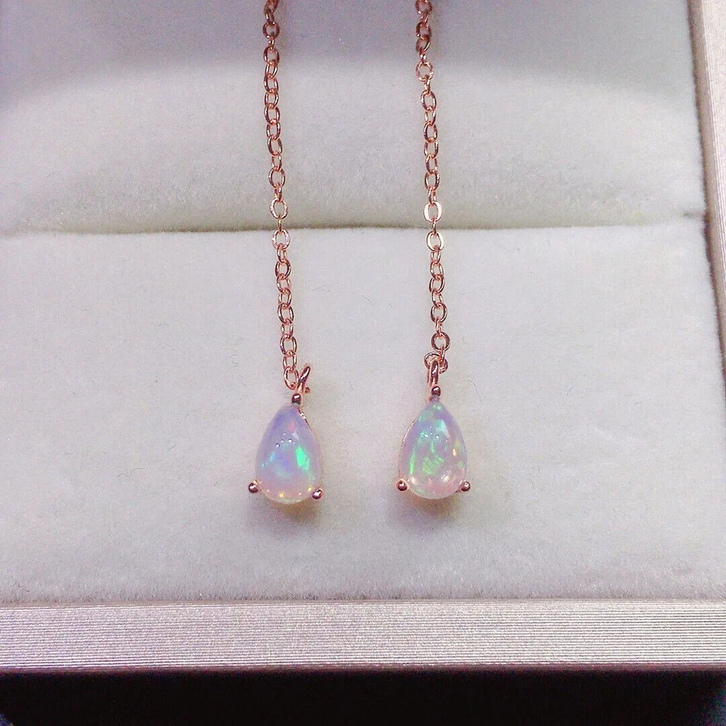 Colorful Opal Chain Dangle Earrings 4x6mm, Fire Opal Long Dangle Earrings
