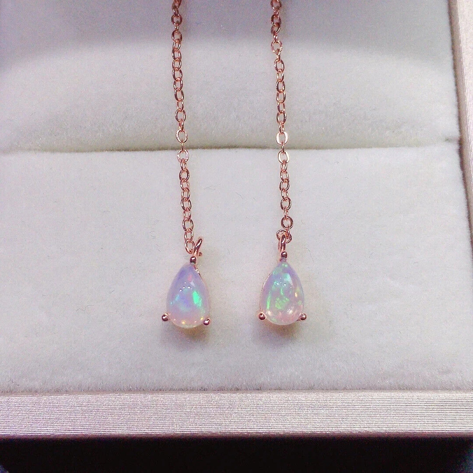 Colorful Opal Chain Dangle Earrings 4x6mm, Fire Opal Long Dangle Earrings