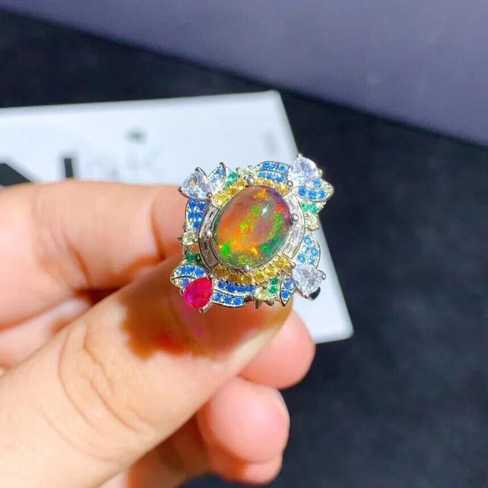 Black Fire Opal Cocktail Ring, Natural Opal Gemstone Ring, Women's Opal Rings