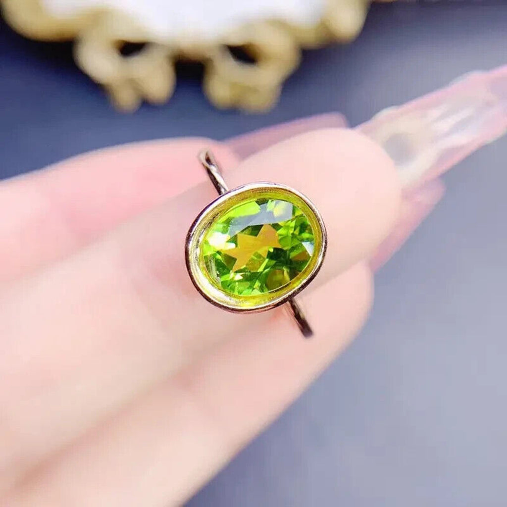Natural Peridot Gemstone Ring 7x9mm 2CT, August Birthstone Peridot Ring