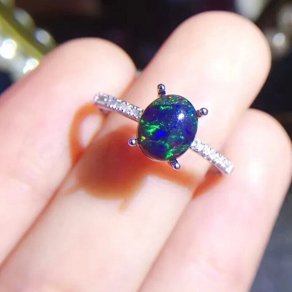 Black Fire Opal Cocktail Ring 6x8mm, Natural Fire Opal Ring 925 Sterling