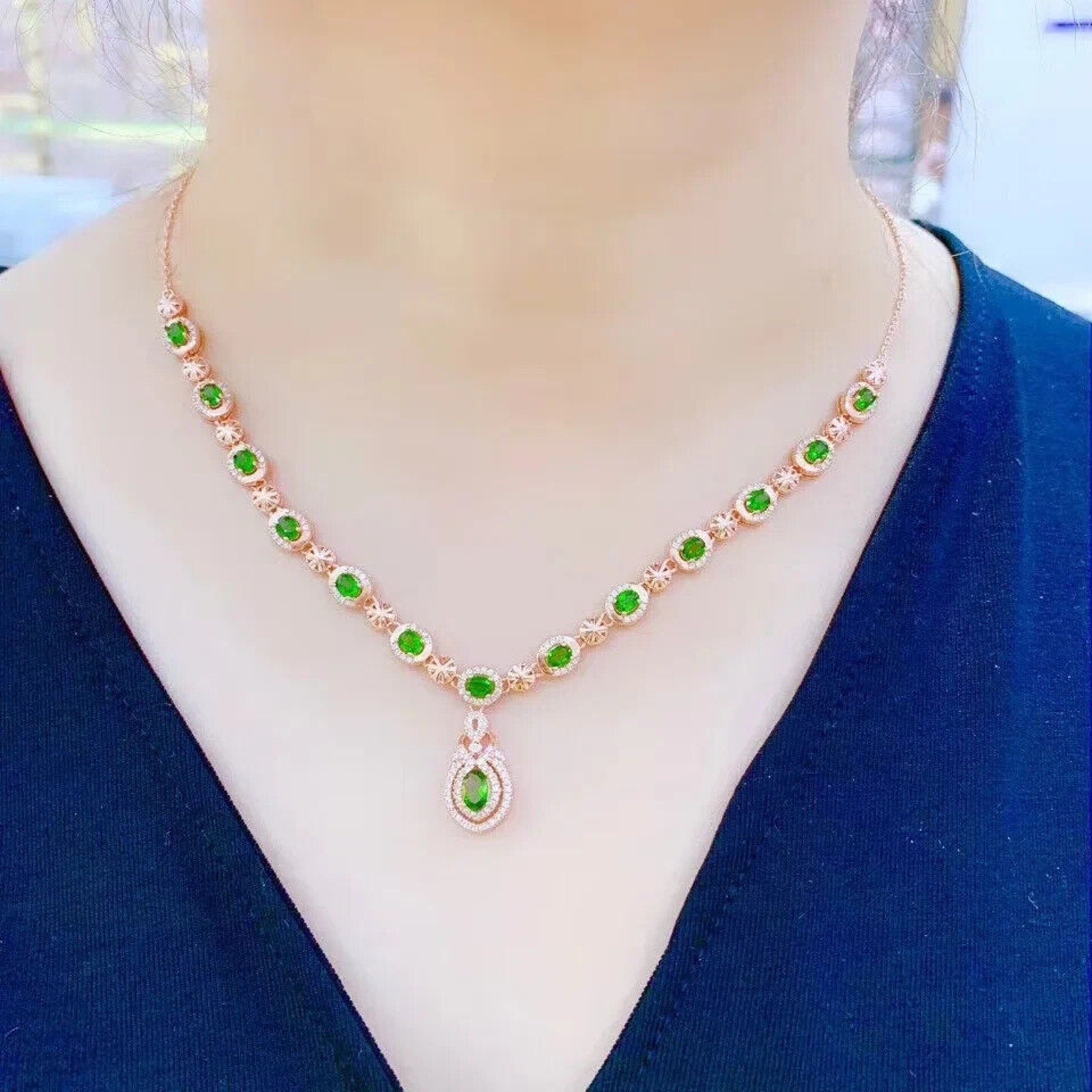 Natural Chrome Diopside Statement Necklace, Diopside Necklace 925 Sterling