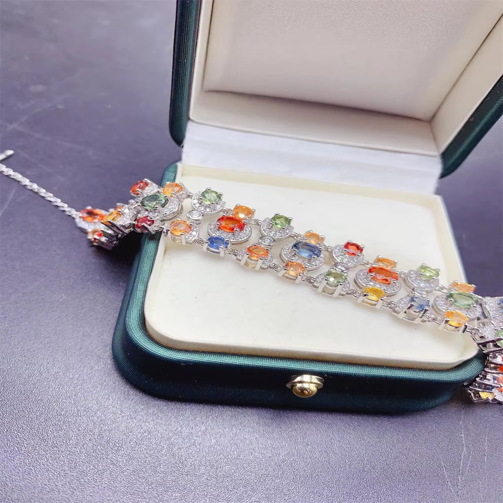 Colorful Sapphire Gemstone Tennis Bracelet, Natural Sapphire Bracelet Silver