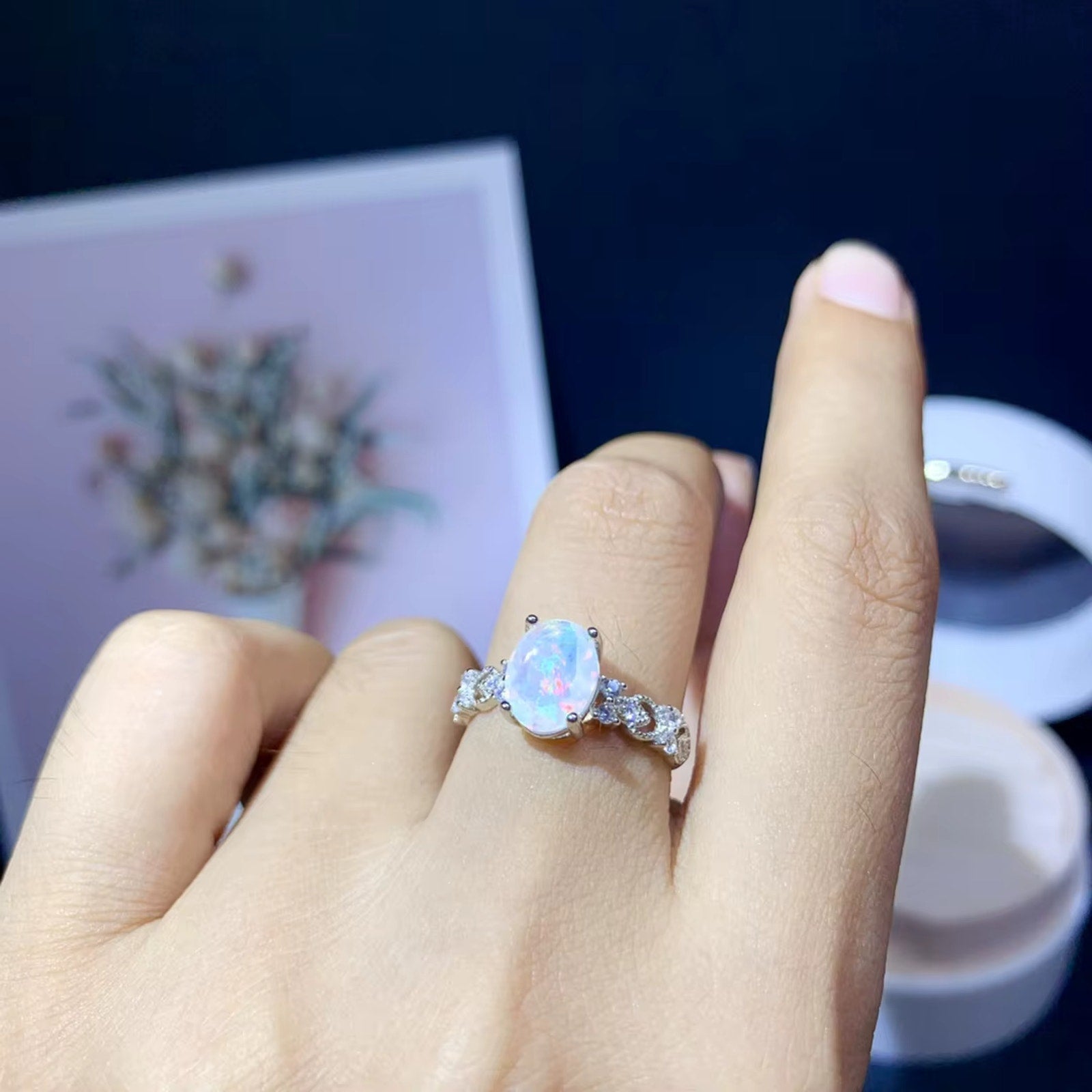 Rainbow Fire Opal Ring 925 Sterling Silver 7x9mm Ring Gifts Natural Fire Opal