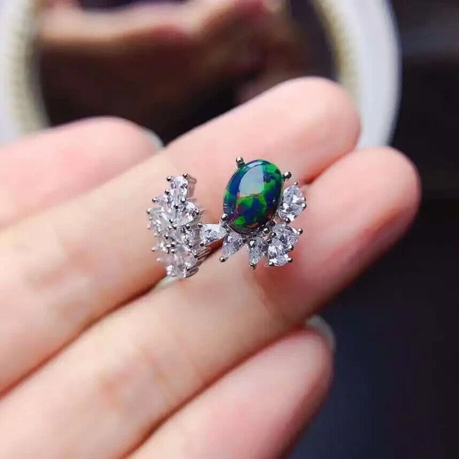 Black Fire Opal and Crystal Cocktail Ring, Natural Fire Opal Cluster Ring