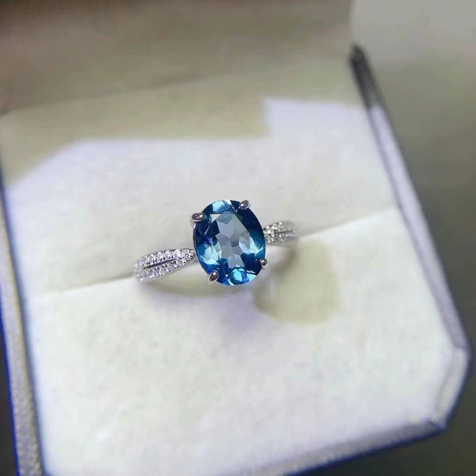 2CT Natural London Blue Topaz Gemstone Ring, London Blue Topaz Ring 8x10mm