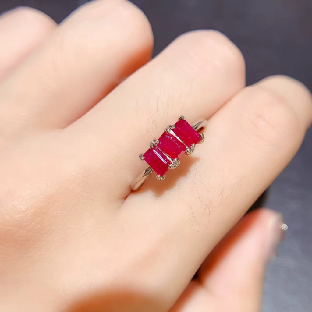 Genuine Ruby Emerald Cut Ring 1.2Ct Sterling Silver, Natural Ruby Ring