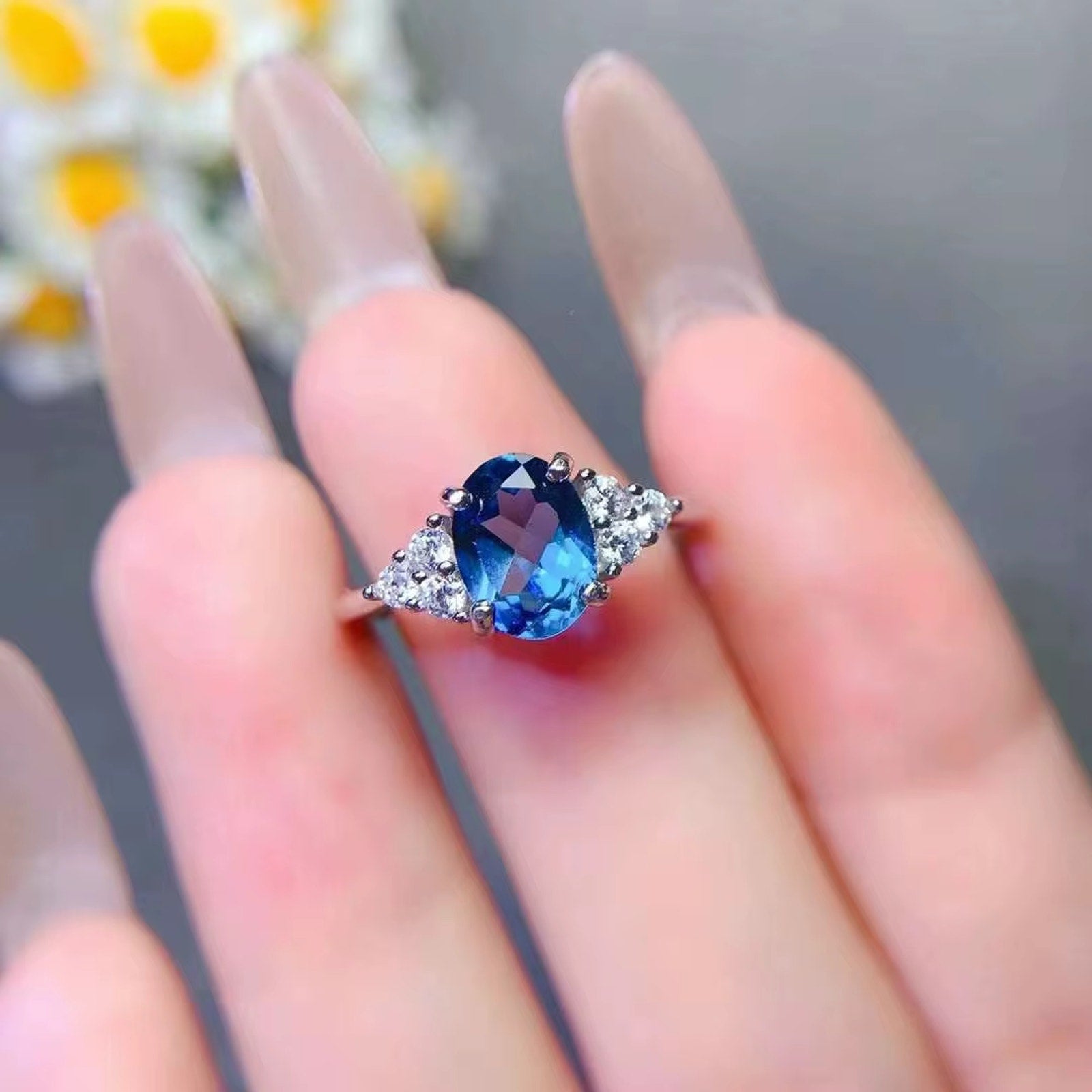 1CT London Blue Topaz Ring 925 Sterling Silver, Natural London Blue Topaz 6x8mm