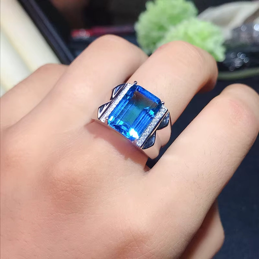 Mens Emerald Cut Blue Topaz Ring 925 Sterling Silver VVS Grade 10x14mm