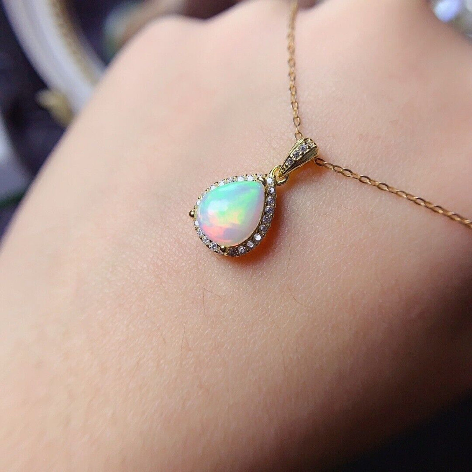 Natural Fire Opal Pear Shape Pendant Necklace, Women's Opal Pendant Necklace's