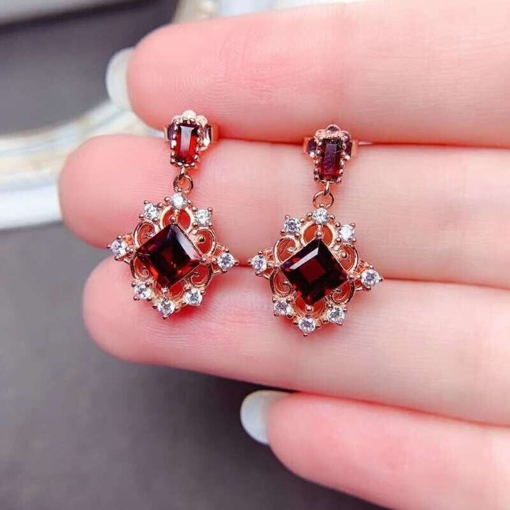 Vintage Garnet Dangle Earrings, High Court Gemstone Earrings, Garnet, Blue Topaz