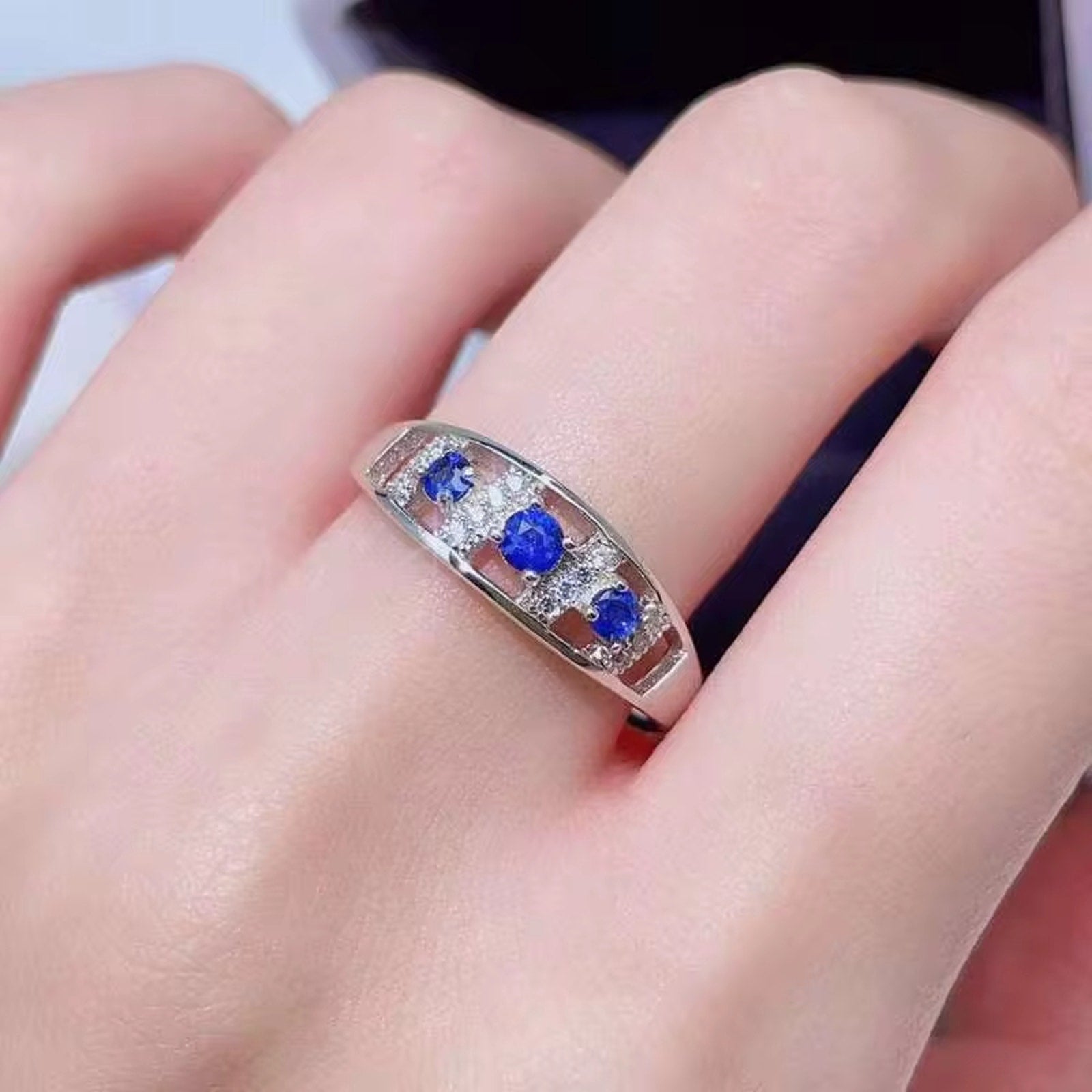 Blue Sapphire Band Ring, Natural Blue Sapphire Gemstone Ring 925 Sterling