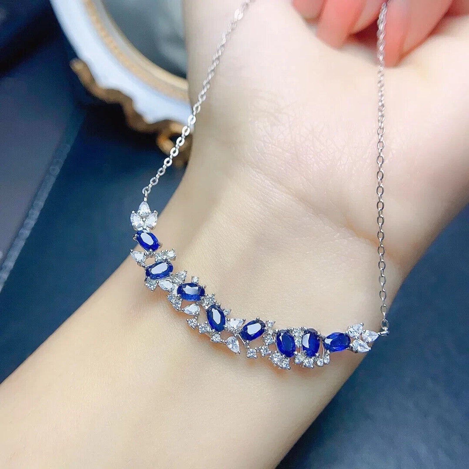 Natural Sapphire Danty Collar Necklace, Women's Necklace Sterling Silver