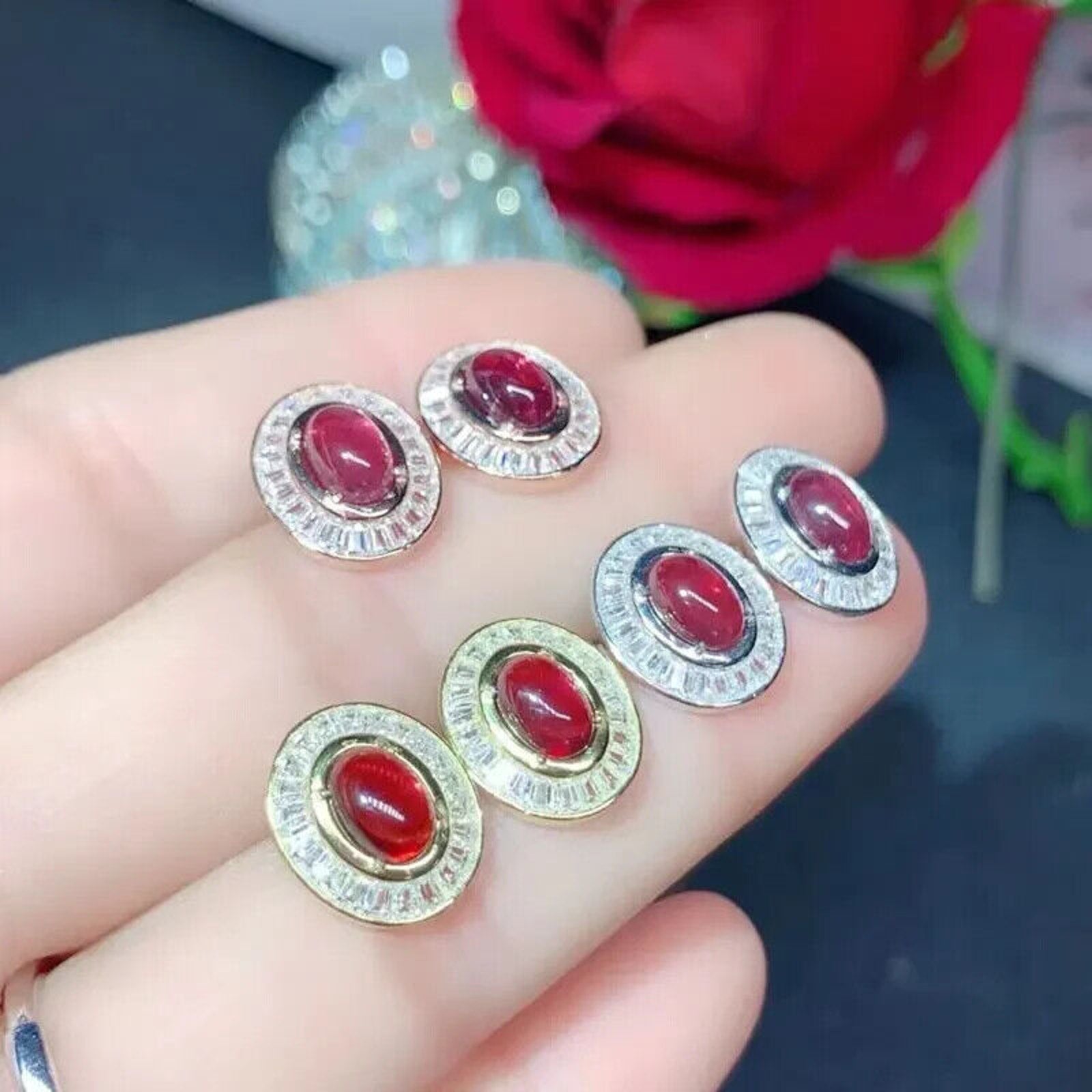 Natural Orange Pyrope Garnet Stud Earrings 5x7mm Platinum Plated