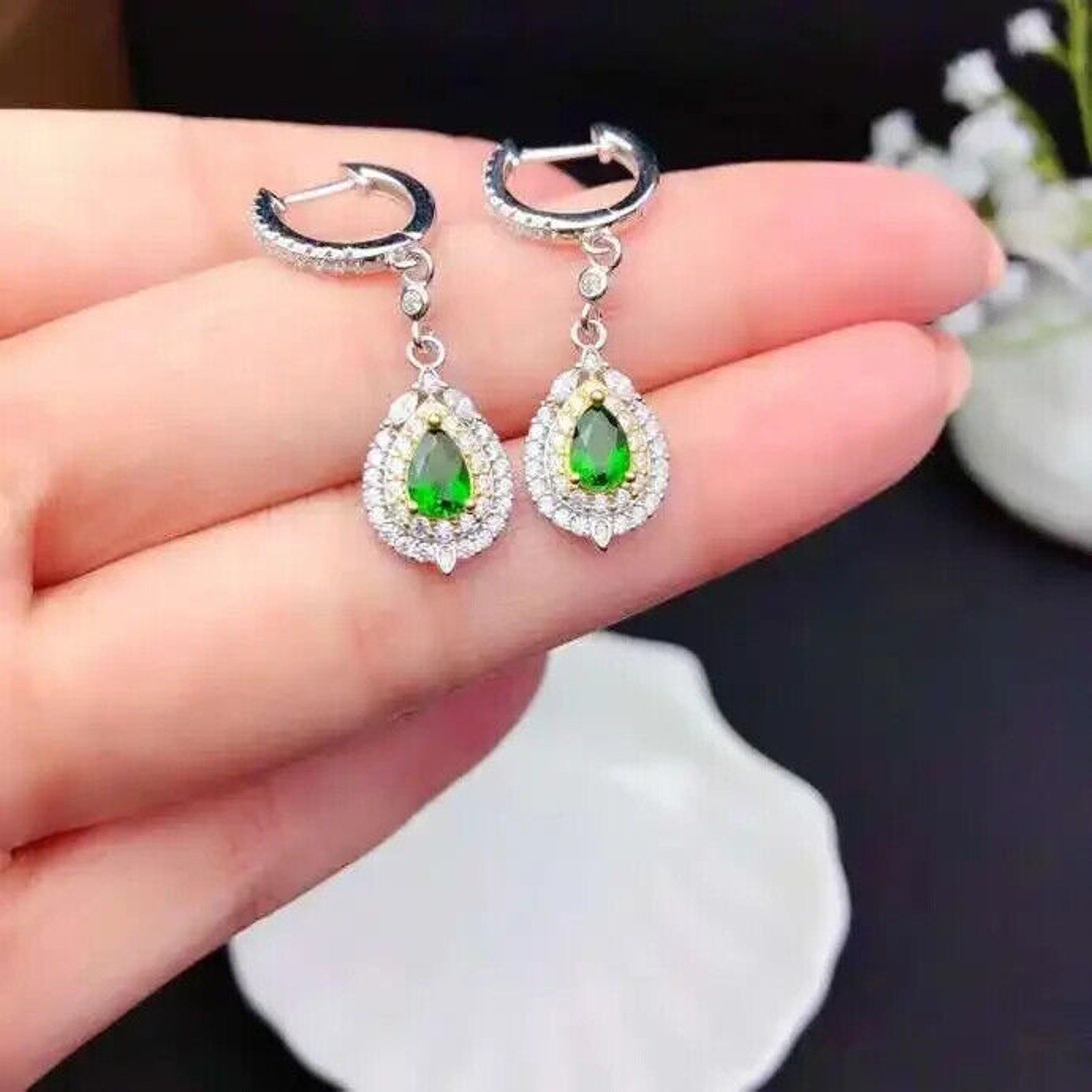 Chrome Diopside Pear Cut Dangle Hoop Earrings, Natural Diopside Earrings