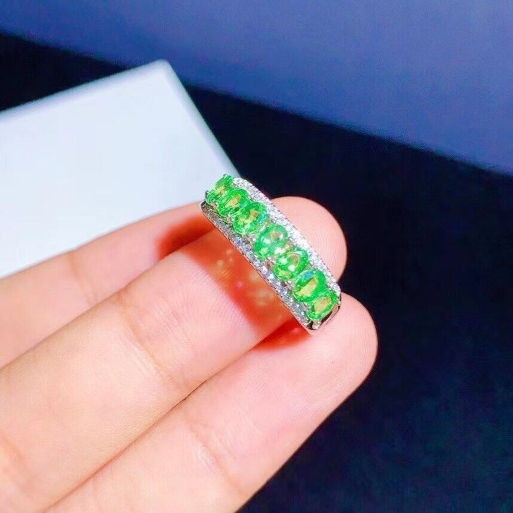 Bright Green Tsavorite Gemstone Band Ring Platinum Plated, Tsavorite Gemstone
