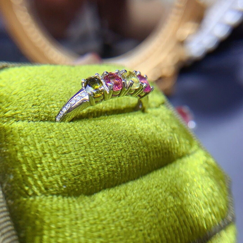 Multicolor Tourmaline Band Ring, Women's Tourmaline Gemstone Ring Silver