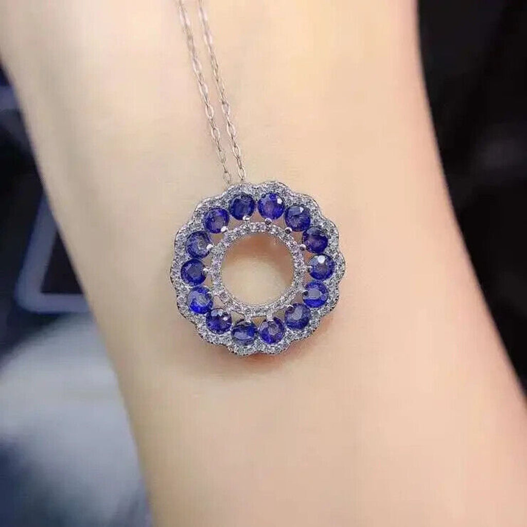 Sri Lanka Sapphire Circle Necklace, Women's Natural Blue Sapphire Necklace
