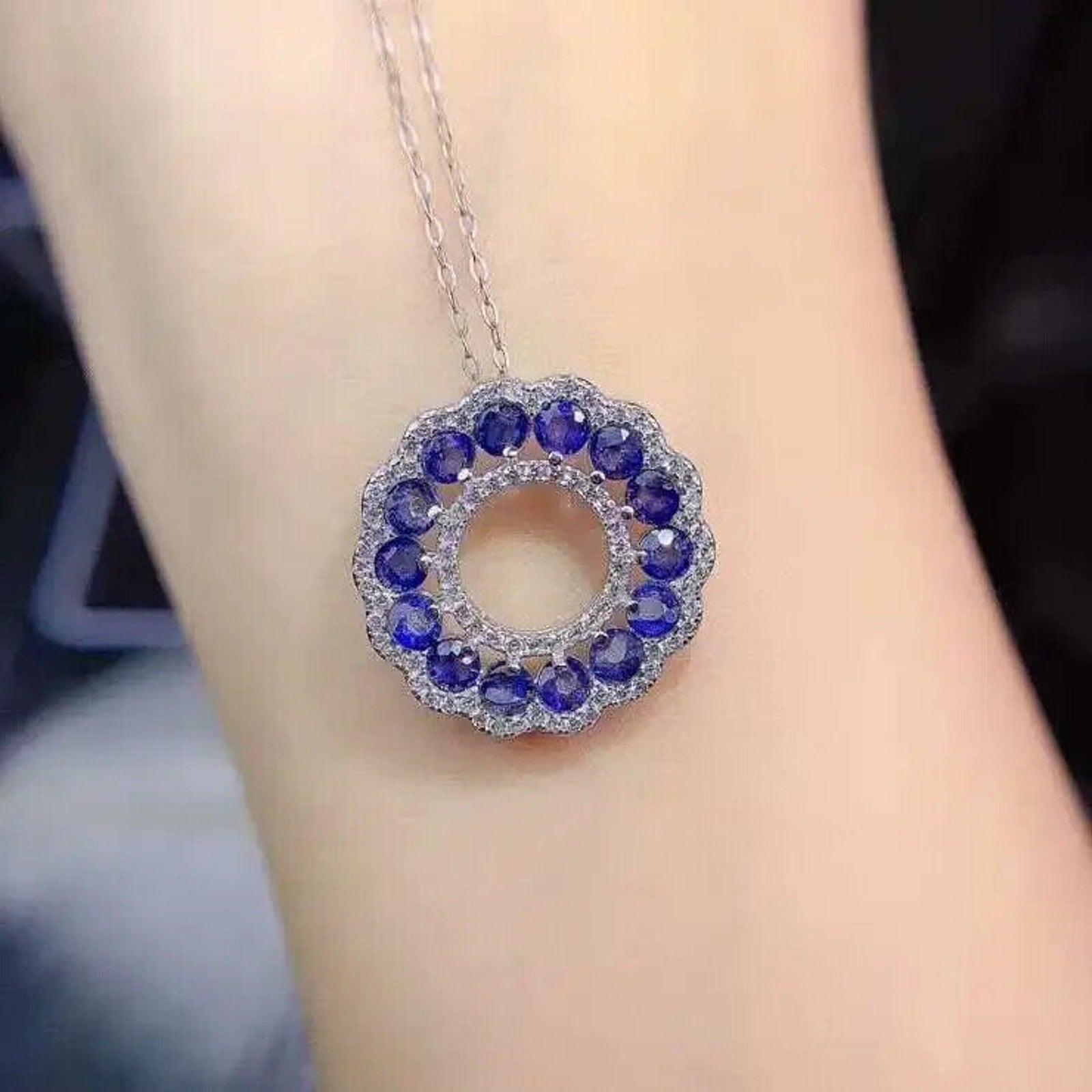Sri Lanka Sapphire Circle Necklace, Women's Natural Blue Sapphire Necklace