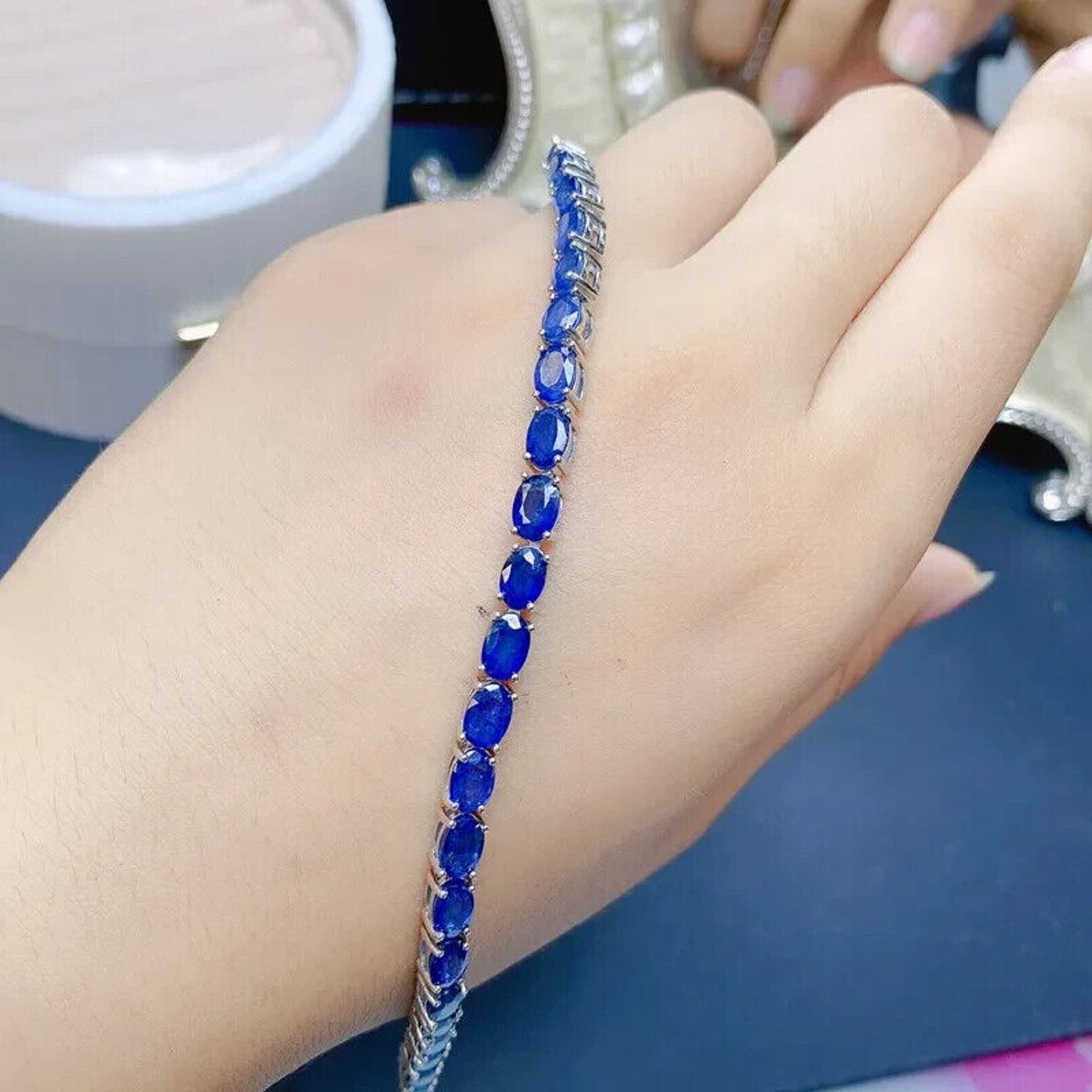 Natural Sapphire Tennis Bracelet, Women's Blue Sapphire Bracelet Platinum