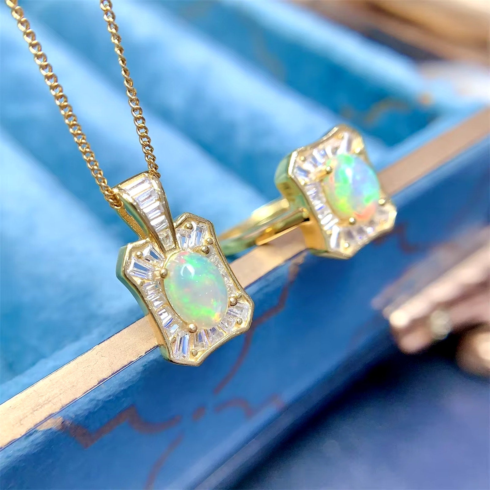 Fire Opal Jewelry Set, Natural Opal Necklace and Ring Set 5x7mm Sterling