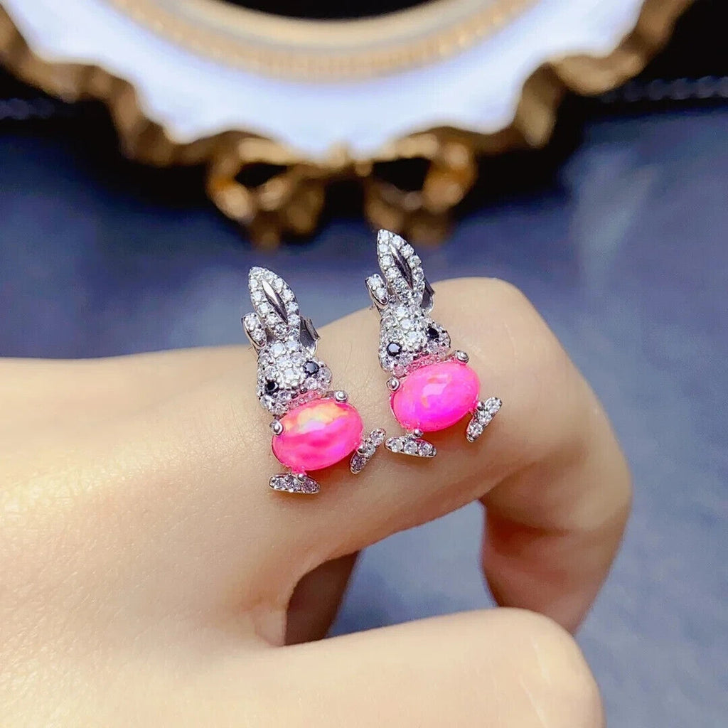 Pink Fire Opal Rabbit Earrings 5x7mm, Natural Pink Opal Earrings Sterling Silver